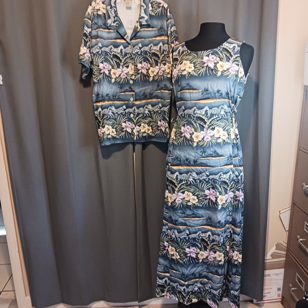 Vintage Teddi Tropical Safari Zebra Floral Maxi Dress & Shirt Set Blue Medium